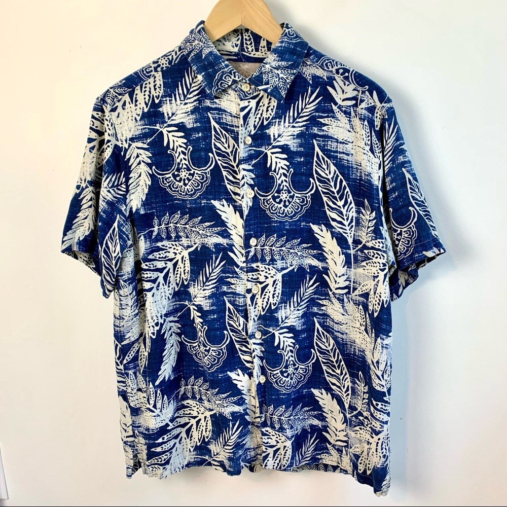 Margaritaville Men’s Blue White Aloha Hawaiian Button Down Shirt Silk Linen M